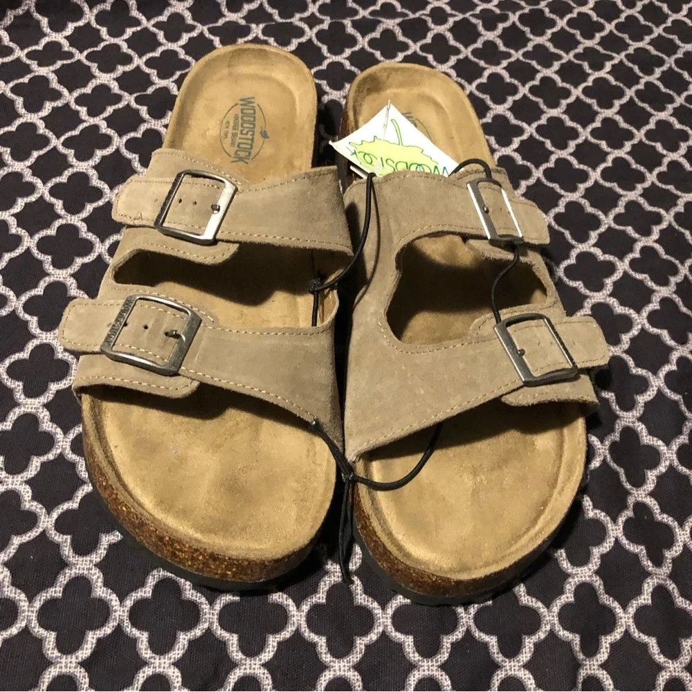 Woodstock Wear Sz 12 Suede Leather Sandals Slide Bert Buckle Brown Retro